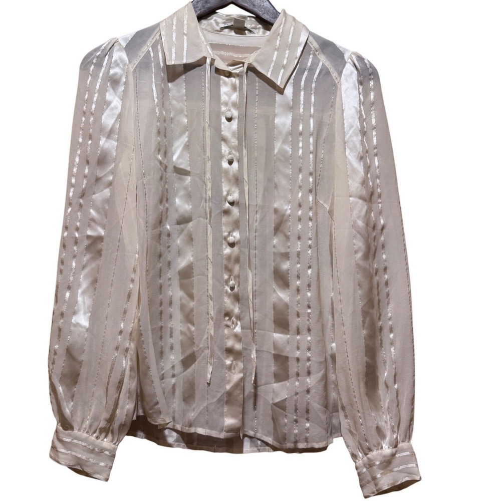 Banana Republic Silk Metallic Striped Blouse Cream Gold Sheer Button Front S
